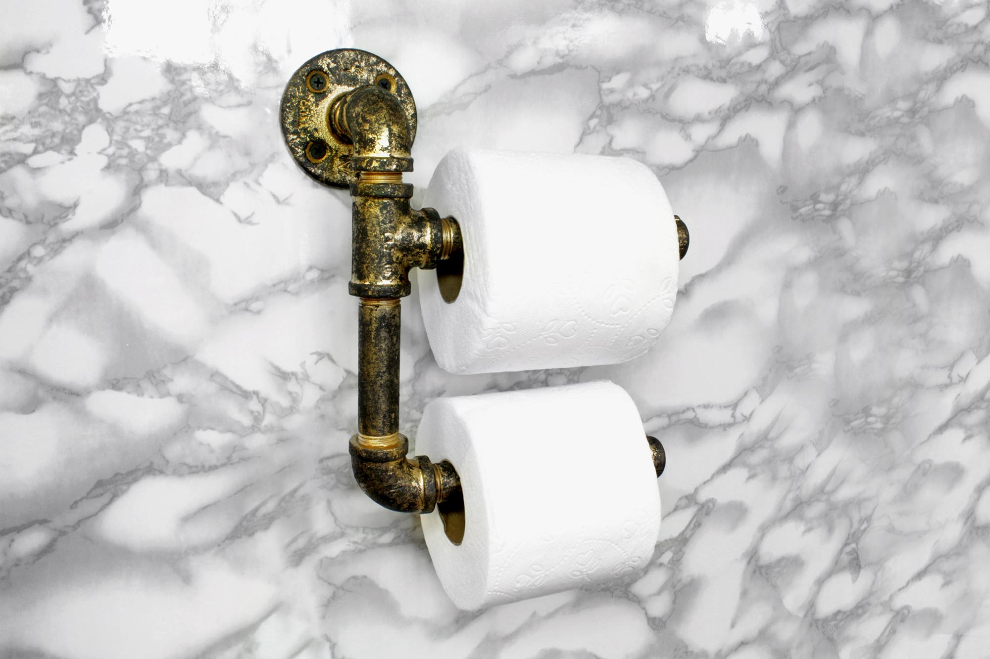 Portarrollos Artesanal Doble "Nicte" Dorado Antiguo, Estilo Vintage Industrial para Baño, Hecho en México de manera Artesanal con Acero de alta resistencia.
