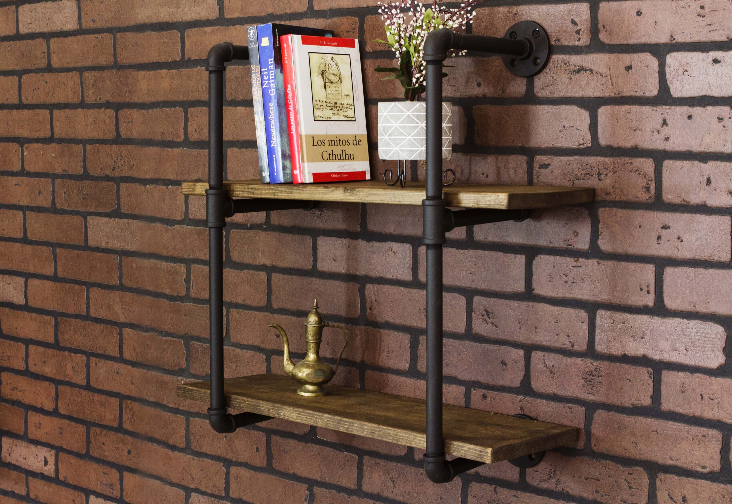 Repisa Doble "Assur" Negro Mate, Estilo Vintage Industrial para Baño, Hecho en México de manera Artesanal con Acero de alta resistencia.