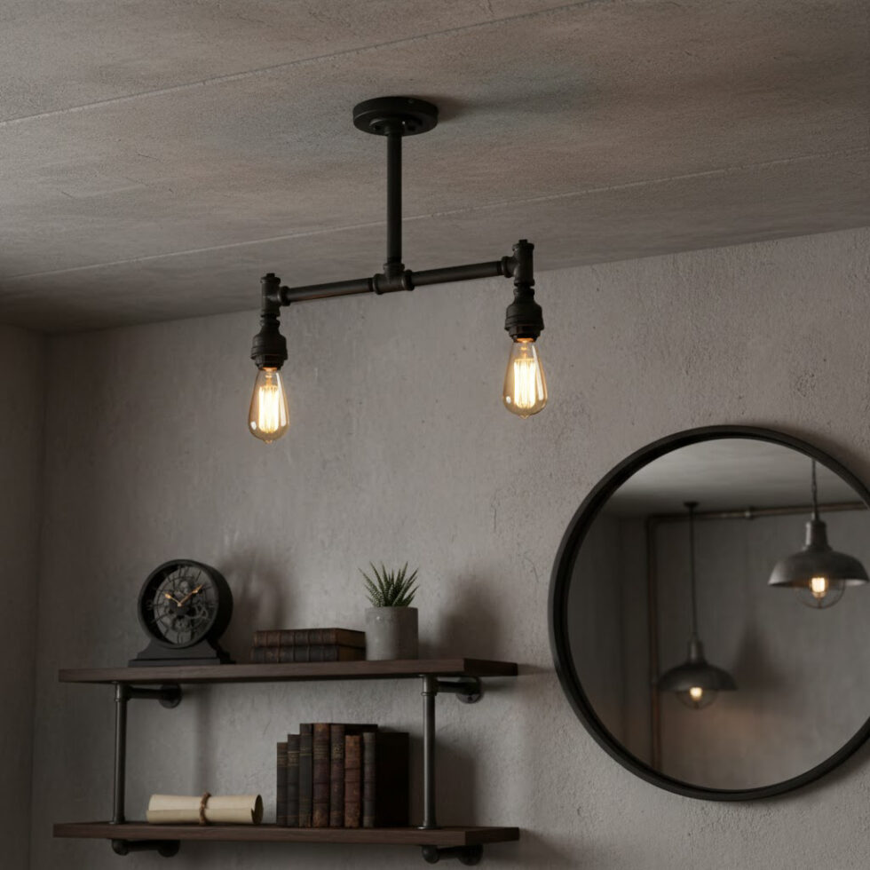 lampara doble de tuberia industrial steampunk